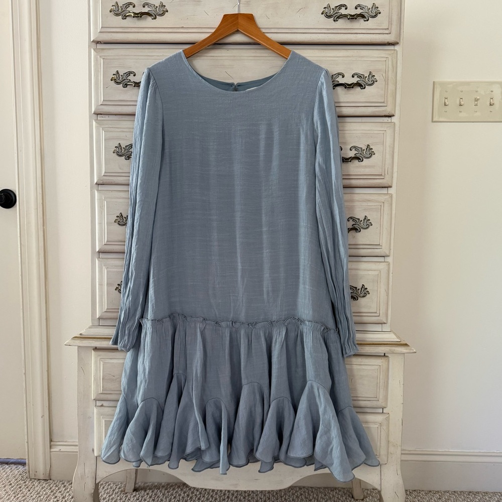 Dusty Blue Gauze Ruffle Hem Dress